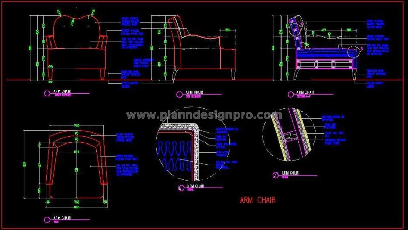 Upholstered Arm Chair DWG- Plan, Elevation & Details